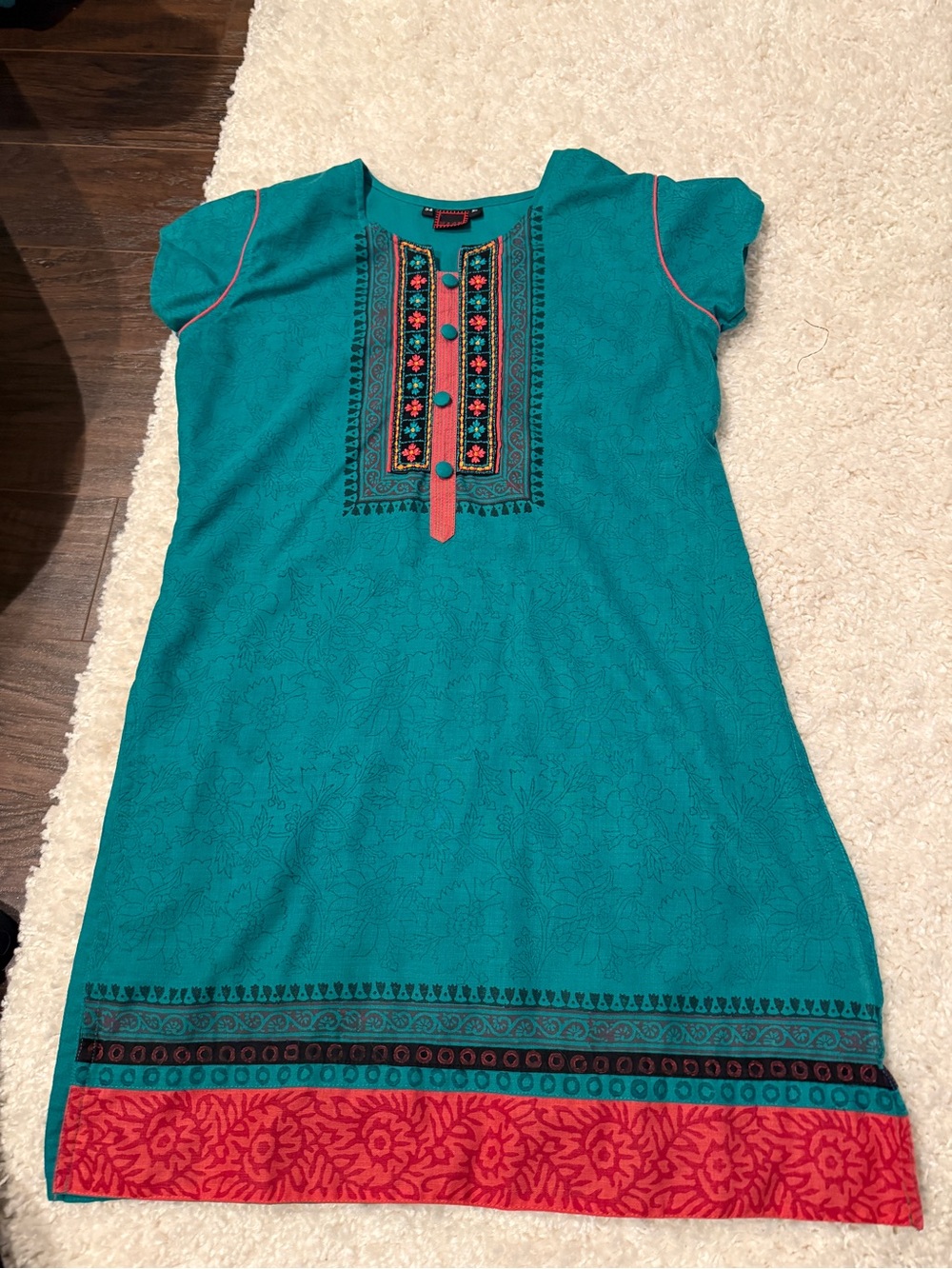 Women’s Handmade Traditional Indian Embroidered Tunic Dress with Coral Accents